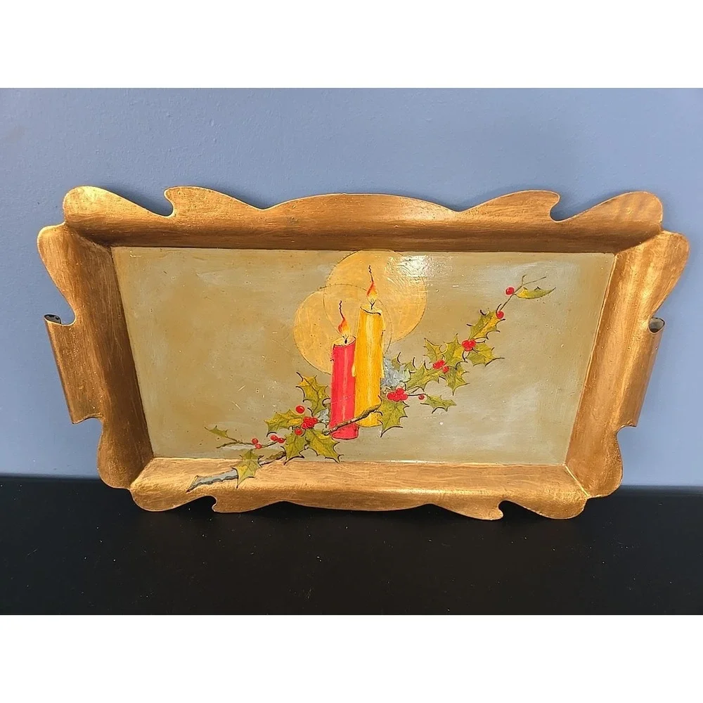 Vintage Gold Metal Handpainted Christmas Tray Lit‎ Candles And Berries 1960